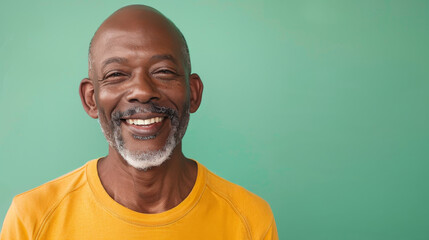 Obraz premium A man with a big smile on his face is wearing a yellow shirt