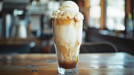 Ice cream float with soda in a tall glass on a wooden table. Close-up food photography. Refreshing beverage concept. Design for menu, poster
