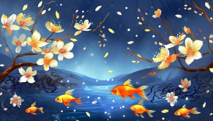 A fantastic background, refreshing, clear, blue sky, dancing petals, small goldfish, beautiful cherry blossoms at night. An illustration generated by AI.