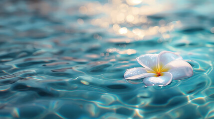 Tranquil plumeria flower floats on turquoise water. Summer vibes