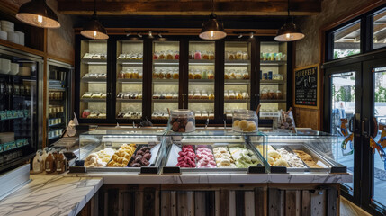 Interior of a modern gelateria with assorted colorful gelato. Urban style ice cream shop interior with vintage lighting and wooden elements. Food and dessert display concept for design and print