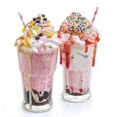 Two decadent ice cream sundaes loaded with colorful sprinkles and mouth-watering toppings