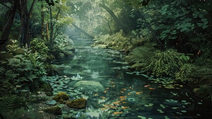 hidden woodland stream in a lush forest setting, with fish darting beneath the surface