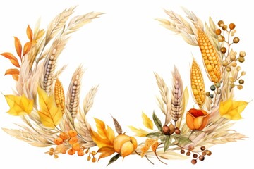 Watercolor thanksgiving wreath featuring harvest corn, feathers, and autumn flowers in warm watercolor tones,