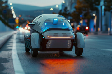 Fototapeta premium Autonomous police vehicle patrolling city street at night. 3D rendering of futuristic law enforcement car with blue lights. Urban safety and technology concept design for banner, poster