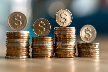 Stacks of Coins and Percentage Symbol Representing Interest Rates and Value Appreciation