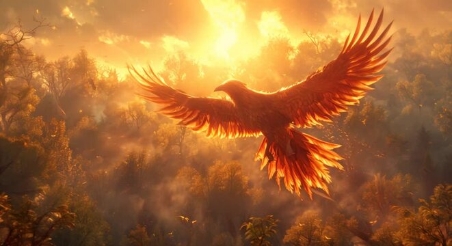 Majestic phoenix flying over a forest at sunrise