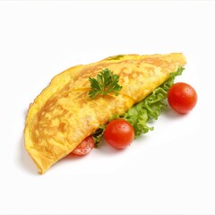 Colorful omelet topped with fresh lettuce and tomatoes on a clean white background