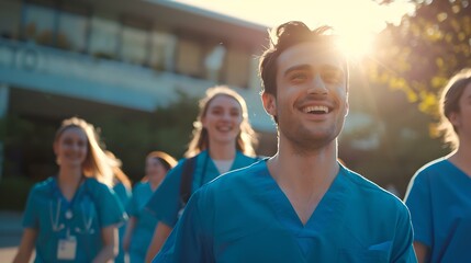 Smiling medical staff walking confidently in hospital surroundings during golden hour