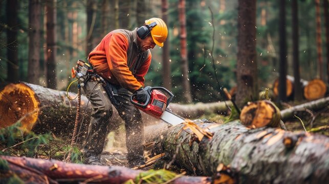 logger using a chainsaw to delimber a felled tree in the forest