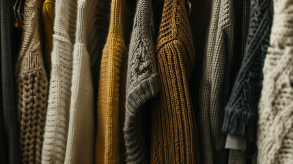 Knitted clothes hanging in the closet