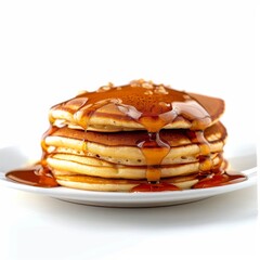 A plate stacked high with fluffy pancakes smothered in syrup