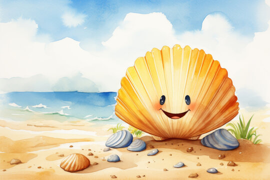 Watercolor depiction of Adorable cartoon seashell on the beach, with a smile, set against a backdrop of summer blues and yellows, watercolor cartoon, watercolor style, soft color