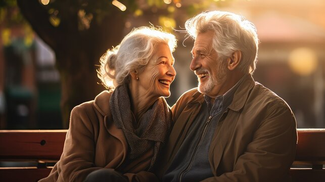 light senior sun A senior couple sitting on a bench in a