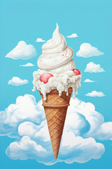 Watercolor illustration of Melting ice cream cone against a sky blue backdrop, vibrant color