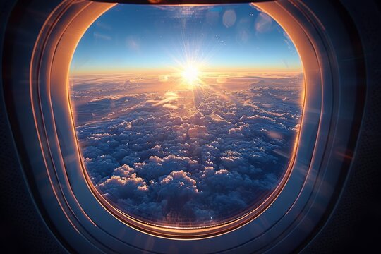 A stunning view of a sunset above the clouds, captured from an airplane window