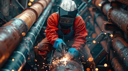 A person in overalls and gloves is welding on the side of an iron pipe, wearing protective glasses and a mask covering their face, sparks flying from small pieces - Powered by Adobe