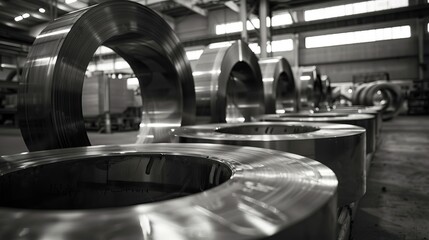 Large rolls of steel in a factory