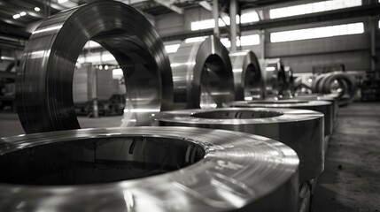 Fototapeta premium Large rolls of steel in a factory