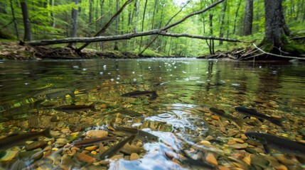 secluded woodland creek with clear, shallow water revealing fish swimming gracefully