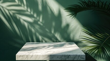 Elegant marble square pedestal table and with sunlight and tropical palm leaf shadow on green wall...