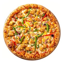 A colorful pizza with an assortment of toppings, on a crisp white background