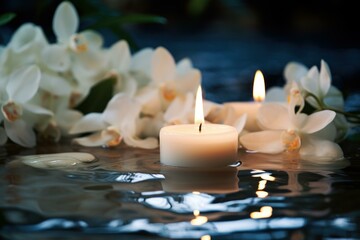 Soothing Spa white candle water. Small and flavored luminary pacified burnings. Generate AI