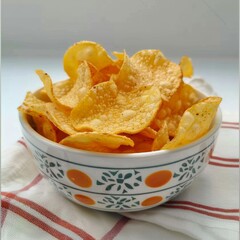 A bowl filled with crispy potato chips sits on a table