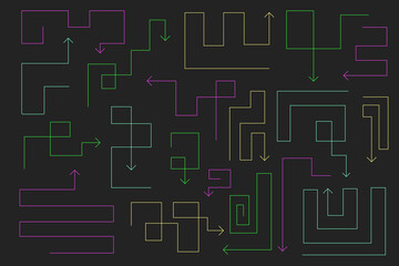 Doodle line arrows. Colorful direction pointers. Various cartoon futuristic playful arrow pointers set or collection in trendy outline style. Neon y2k geometric elements.