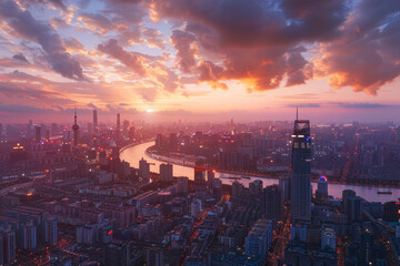 Fototapeta premium Sunset over urban skyline with river. Aerial cityscape photograph with soft light. Evening urban exploration and city life concept. Design for banner, poster, wallpaper