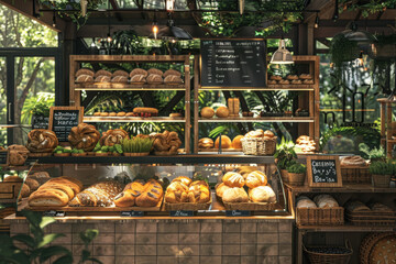 Assorted fresh bakery products displayed in a rustic shop interior. Detailed bakery setup with pastries, croissants, and bread loaves. Bakery shop interior design mock-up for retail display