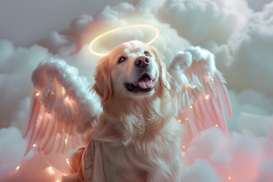 Angelic Golden Retriever in Heavenly Cosplay Costume with Glowing Halo and Gossamer Wings in Serene Dreamlike Setting