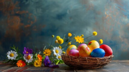 Fototapeta na wymiar Easter basket with multicolored eggs and seasonal flowers, direct front shot, festive and bright