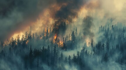 Smoke rising from a wildfire as trees are consumed by flames