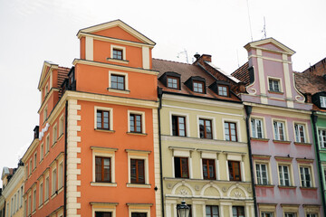Beautiful colorful facades of antique building at Wroclaw, Poland. Polish landmark in the historic center of town
