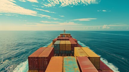 Cargo ship laden with containers over expansive sea, clear skies, medium shot, maritime logistics
