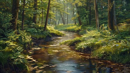 tranquil brook meandering through the woods, its waters teeming with fish