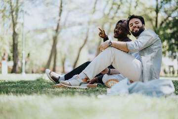 Two multiracial male friends sitting on the grass in a park, sharing a joyful moment while playing...
