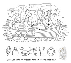 Can you find 9 objects hidden in the picture? Logic puzzle game for children and adults. Illustration of boy and girl riding boat with dog. Educational page for kids. Black and white vector drawing.