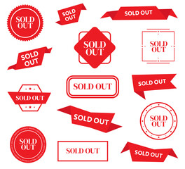 Sold out badges set. Sale stickers set. Sold out banners, labels, stamps, and signs isolated on white background