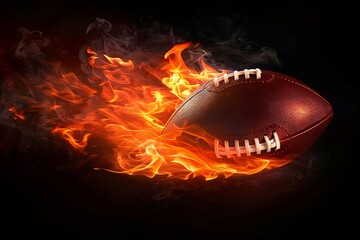 Burning rugby with bright flame flying on black background