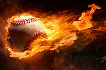 Burning baseball with bright flame flying on black background