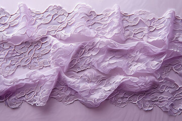 Purple lace and flower patterns on a purple tablecloth, close up shot with colorful details