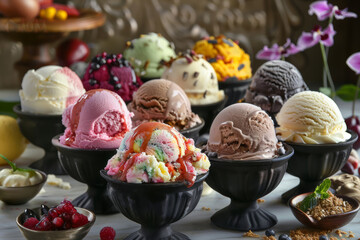 Assorted ice cream scoops in black bowls, decorated with fresh berries and flower accents. High-resolution studio shot for design and print. Confectionery and dessert concept.