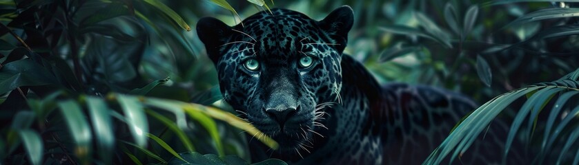 Black jaguar in lush jungle intense gaze © Creative_Bringer
