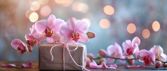 Beautiful gift box adorned with pink orchids softly lit