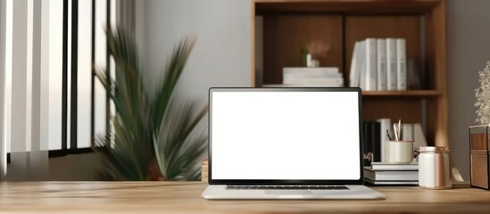 Modern Simplicity: White-Screen Laptop Computer Mockup on Wooden Desk in Scandinavian-inspired Room