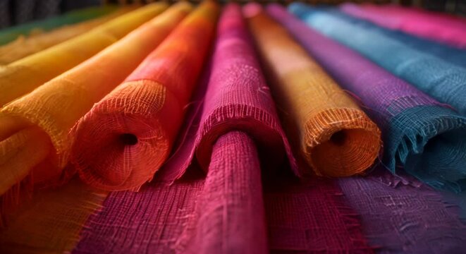 Abstract textile machines with threads forming a rainbow of colors, impressionistic
