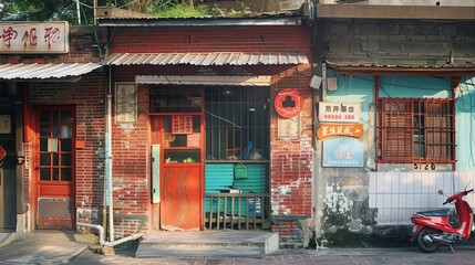 The exterior walls of houses are built with red bricks, and ancient signboards and bright red doors are hung outside.