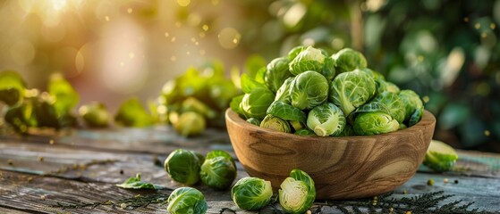 Fresh Brussels sprouts in wooden bowl rustic table